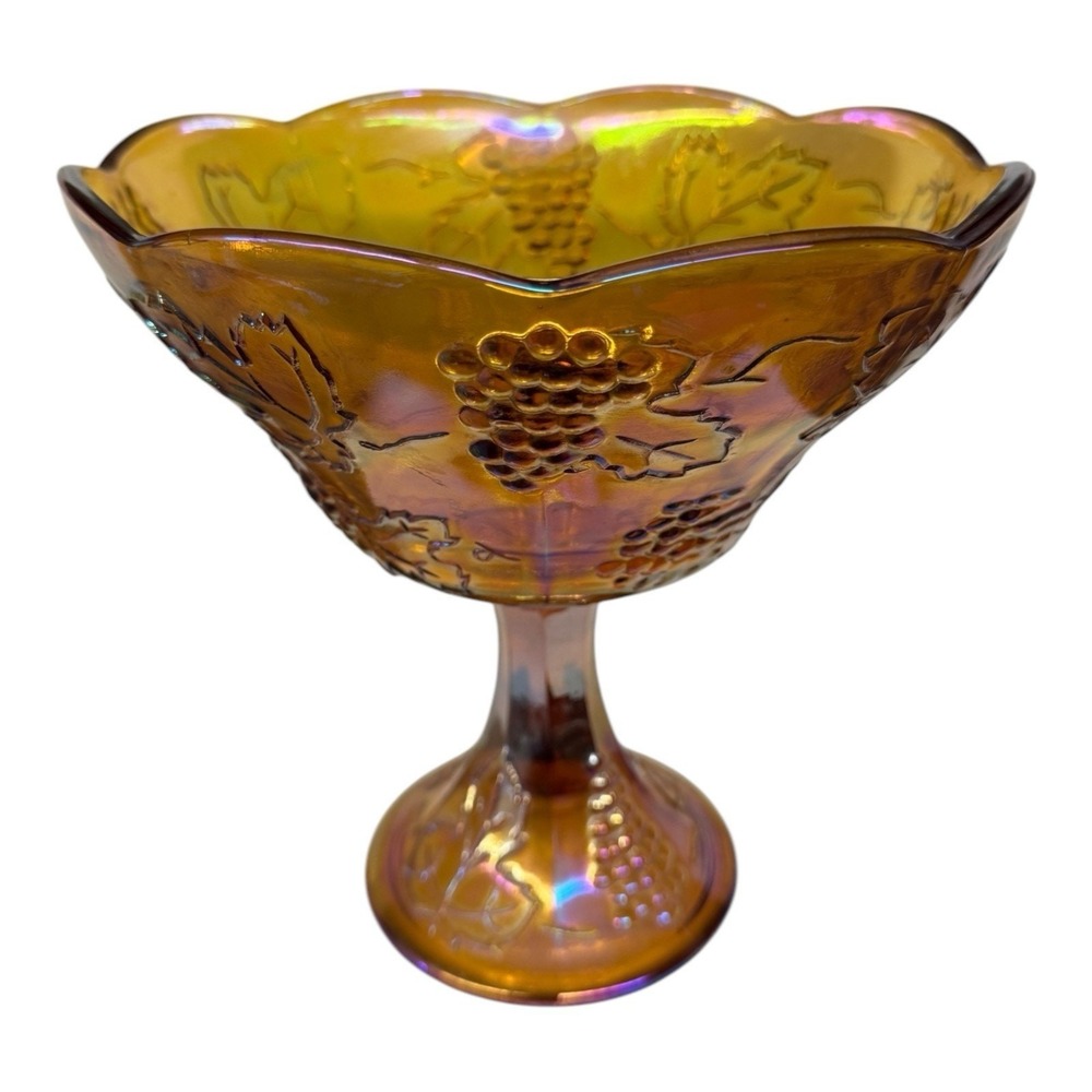 Indiana Glass Harvest Grape Compote Marigold Carnival Glass Wedding Bride's Bowl